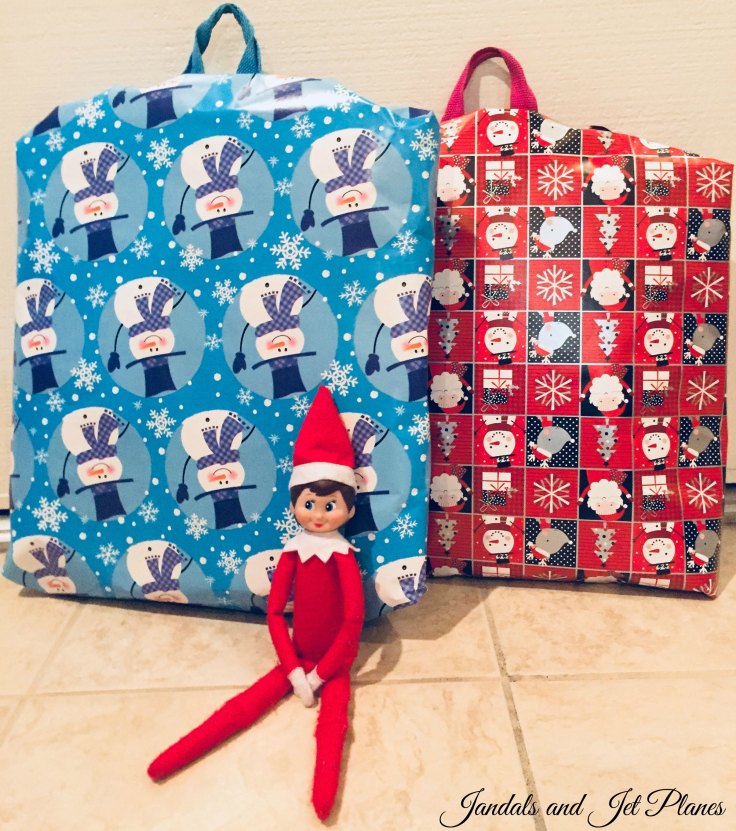 Elf on the Shelf, Jandals and Jet Planes, Gift Wrapped School Bags