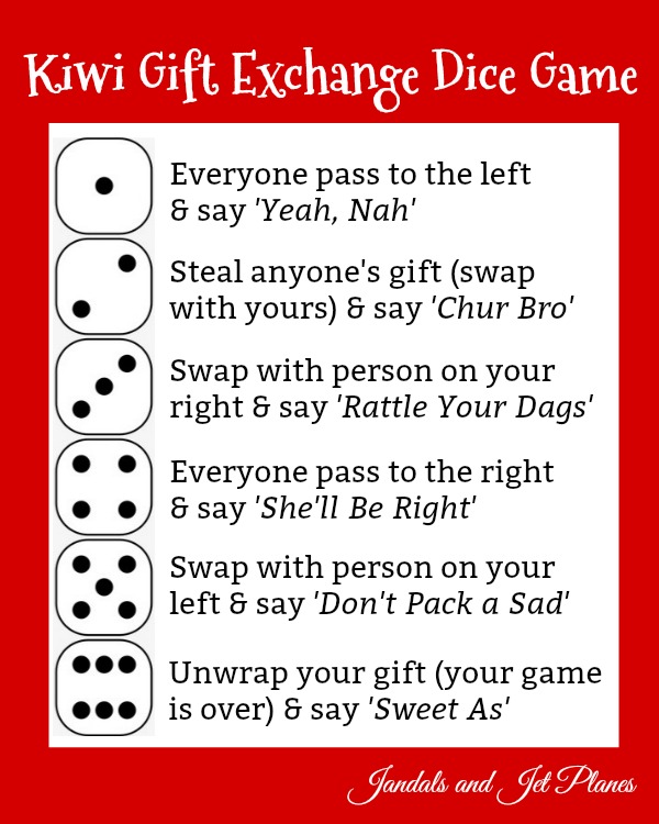 Kiwi Christmas Gift Exchange Dice Game – Jandals and Jet Planes
